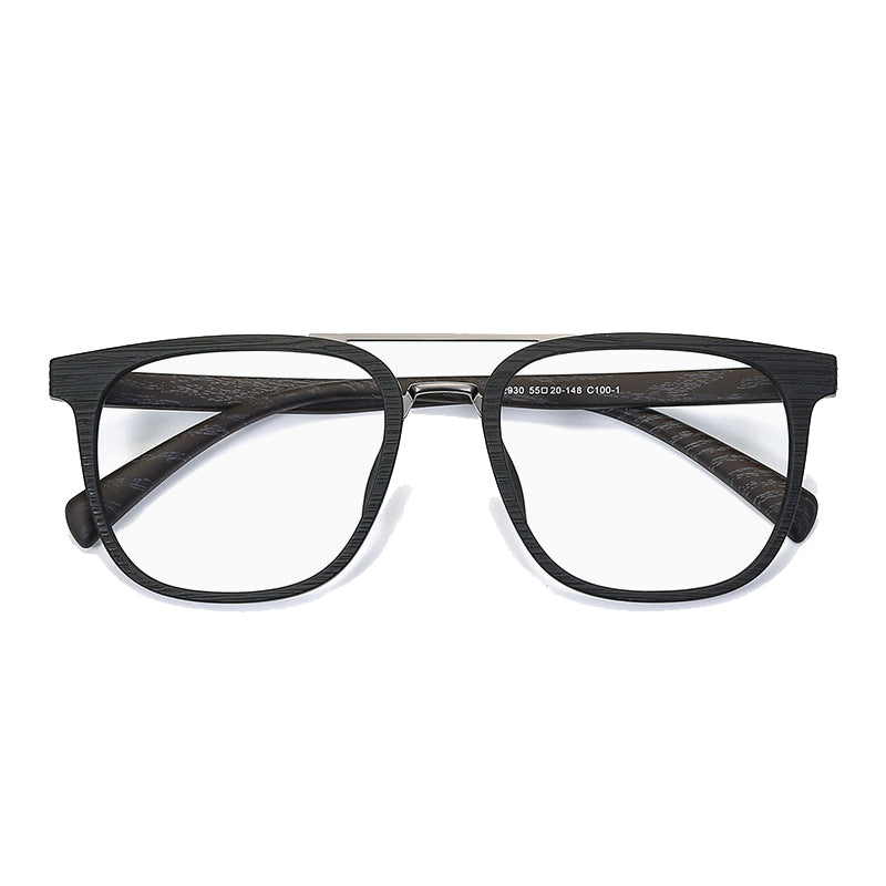 Glider Aviator Full - Rim Eyeglasses: Unisex Optical Frames in Black Gold, Black Gray, Black Silver, Black White with Wood - Grain Finish and Aviator Style