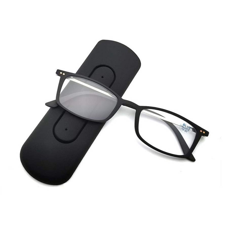 Leap Rectangle Full - Rim Reading Eyeglasses: Blue Light Blocking, Foldable, with Phone Case Integration in Black and Red, RX +1.00 to +4.00