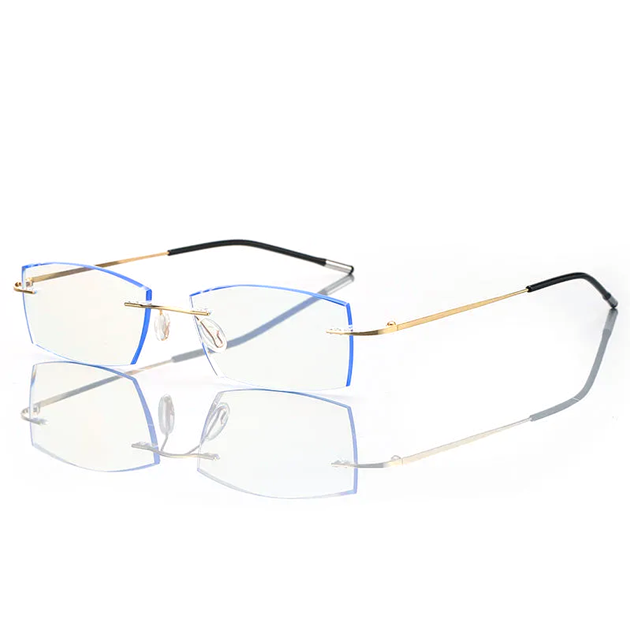 Mandolin Rectangle Rimless Eyeglasses - Blue Light Blocking, Lightweight Metal Frames in Black, Gold, Grey, and Silver